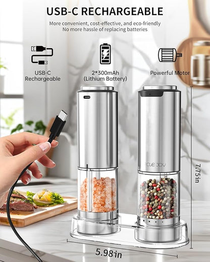 Rechargeable Electric Salt and Pepper Grinder Set with Base, Stainless Steel Pepper Mills with Washable 95ml Container, White LED Light and Adjustable Coarseness, Silver