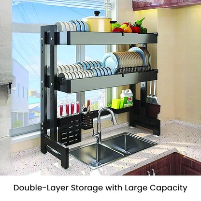 Dish Drying Rack for Kitchen, 2 Layer, Over The Sink Bartan Stand, Carbon Steel (Black)