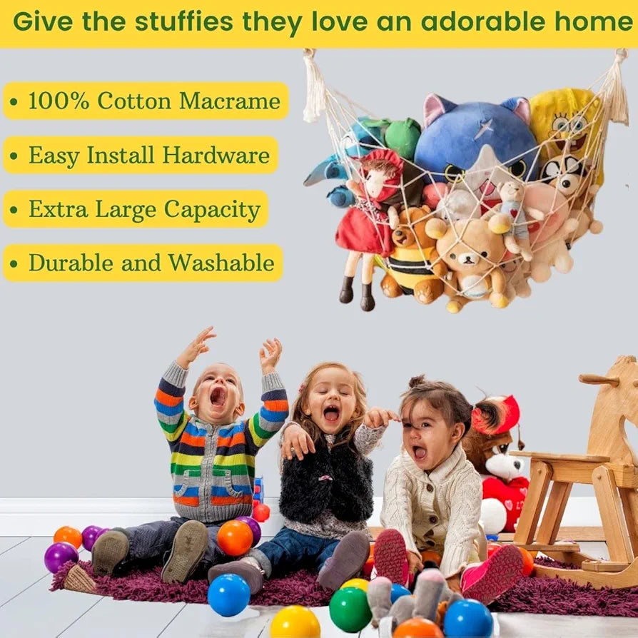 ecofynd Stuffed Animal Toy Hammock, Hanging Cotton Organizer Storage for Soft Toys, Boho Large Corner Plush Toys, Net Holder for Nursery Kids, Play Room, Bedroom, Kid Room 