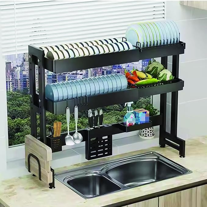 Dish Drying Rack for Kitchen, 2 Layer, Over The Sink Bartan Stand, Carbon Steel (Black)