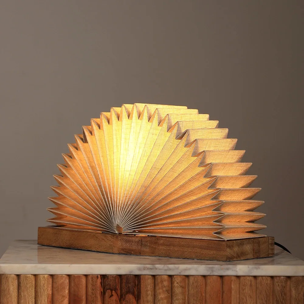 FIG Living Foldable Linen Book Table Lamp  | 24 x 19 cm Handcrafted Origami Design with Mango Wood Base | Ideal for Living Room, Bedroom, Study Room & Cafe | Night Lamp Home Decor Gifting Item