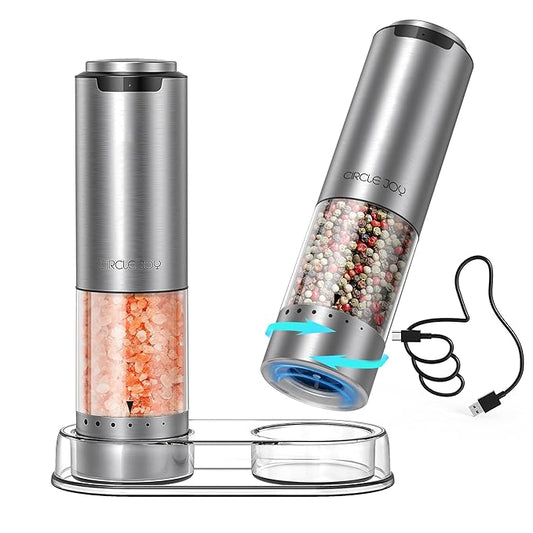 Rechargeable Electric Salt and Pepper Grinder Set with Base, Stainless Steel Pepper Mills with Washable 95ml Container, White LED Light and Adjustable Coarseness, Silver