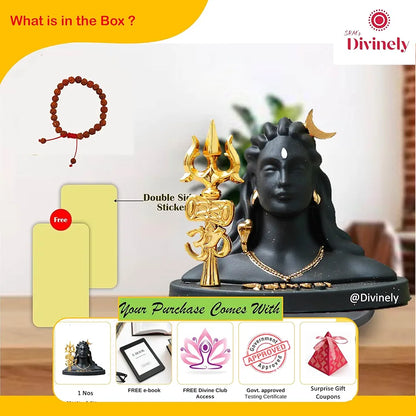 Divinely Adiyogi Idol 5.5 Inch | Handmade Shiva Figurine with Trishul & Rudraksha | Adiyogi Statue for Car Dashboard | Matte Black Decor Piece | Adiyogi Shiva Statue for Home & Meditation