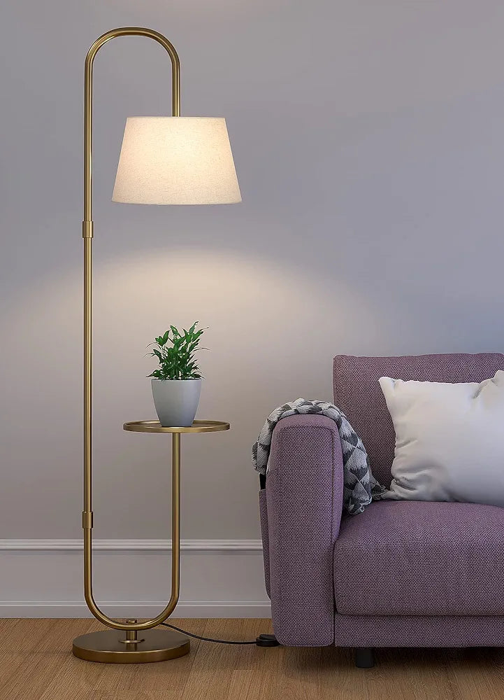 Divine Trends Modern Table Shelf LED Floor Lamp Standing Brass Antique Finish Gold 5ft Height with Shelf Diameter 10 Inches and Off White Lampshade 