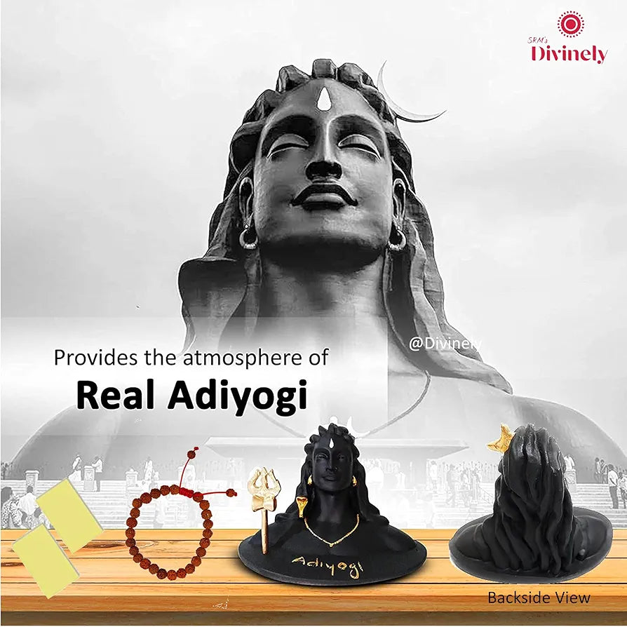 Divinely Adiyogi Idol 5.5 Inch | Handmade Shiva Figurine with Trishul & Rudraksha | Adiyogi Statue for Car Dashboard | Matte Black Decor Piece | Adiyogi Shiva Statue for Home & Meditation