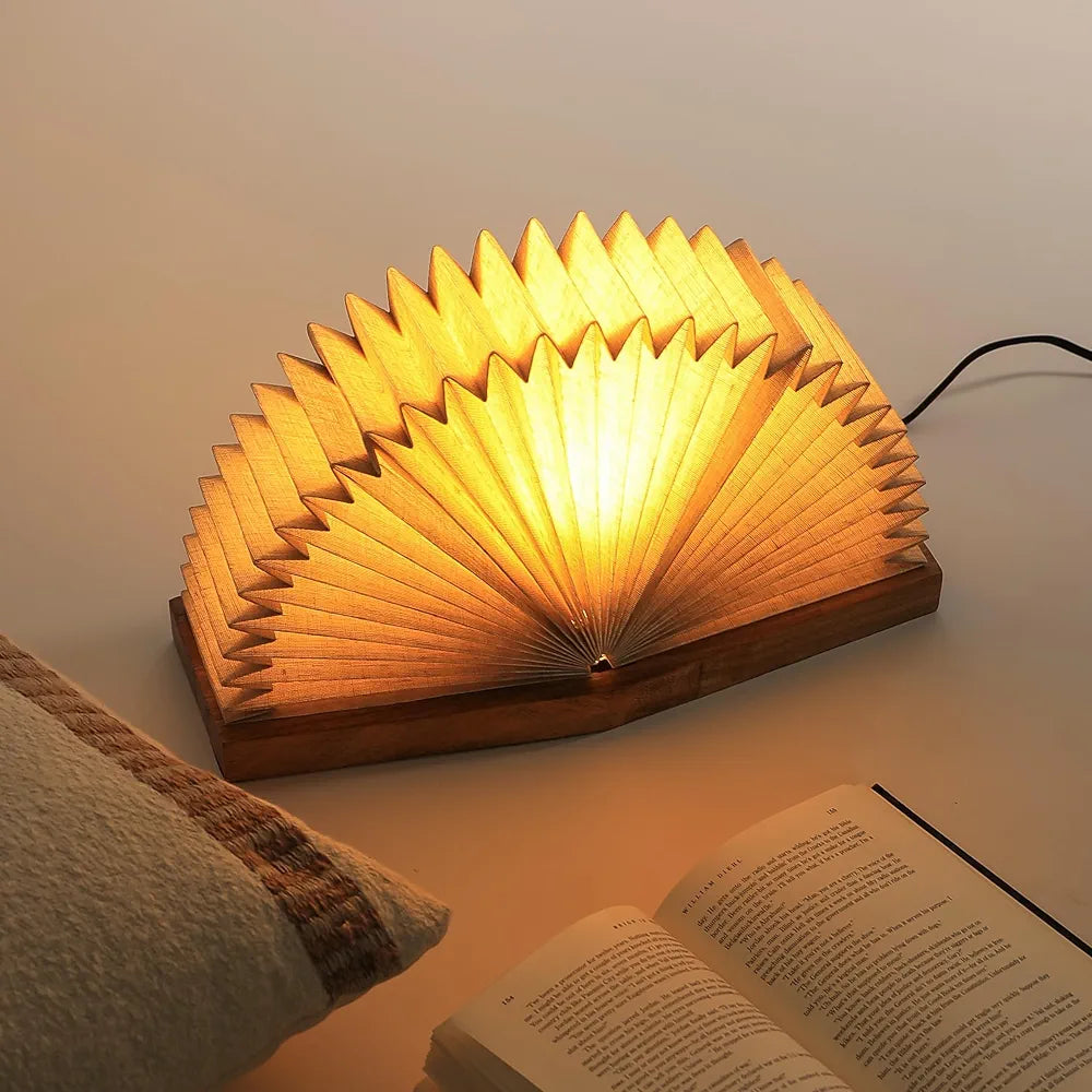 FIG Living Foldable Linen Book Table Lamp  | 24 x 19 cm Handcrafted Origami Design with Mango Wood Base | Ideal for Living Room, Bedroom, Study Room & Cafe | Night Lamp Home Decor Gifting Item