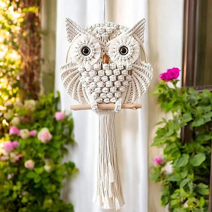 tms Handmade Macrame Owl Wall Hanging | Chic Home Décor with Natural Elements | Rustic Accent for Living Room, Bedroom, Office | 12"x23", Off-White-1 pcs