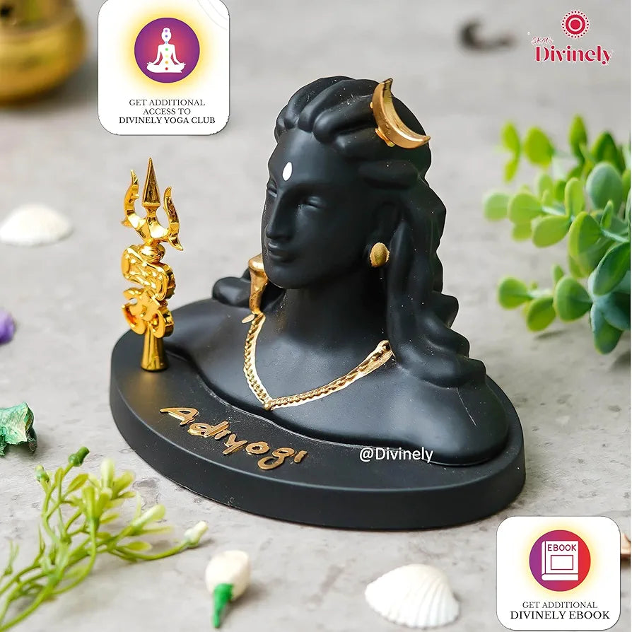 Divinely Adiyogi Idol 5.5 Inch | Handmade Shiva Figurine with Trishul & Rudraksha | Adiyogi Statue for Car Dashboard | Matte Black Decor Piece | Adiyogi Shiva Statue for Home & Meditation
