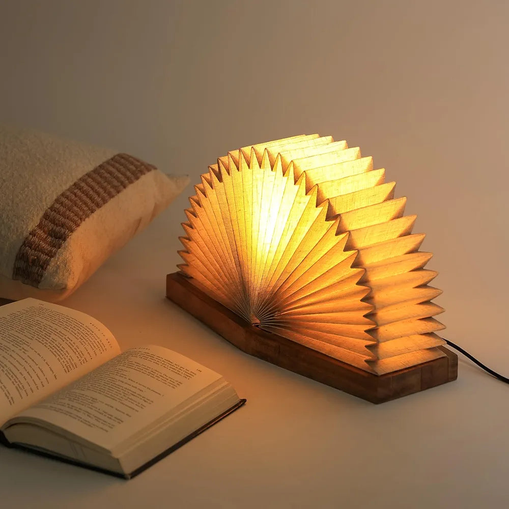 FIG Living Foldable Linen Book Table Lamp  | 24 x 19 cm Handcrafted Origami Design with Mango Wood Base | Ideal for Living Room, Bedroom, Study Room & Cafe | Night Lamp Home Decor Gifting Item