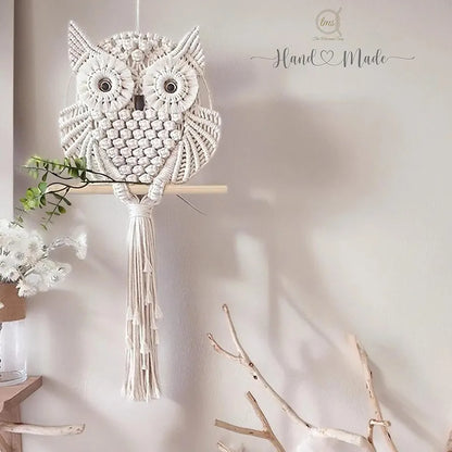 tms Handmade Macrame Owl Wall Hanging | Chic Home Décor with Natural Elements | Rustic Accent for Living Room, Bedroom, Office | 12"x23", Off-White-1 pcs