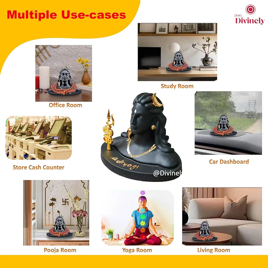 Divinely Adiyogi Idol 5.5 Inch | Handmade Shiva Figurine with Trishul & Rudraksha | Adiyogi Statue for Car Dashboard | Matte Black Decor Piece | Adiyogi Shiva Statue for Home & Meditation