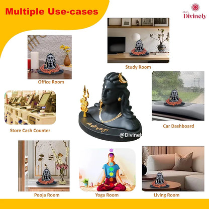 Divinely Adiyogi Idol 5.5 Inch | Handmade Shiva Figurine with Trishul & Rudraksha | Adiyogi Statue for Car Dashboard | Matte Black Decor Piece | Adiyogi Shiva Statue for Home & Meditation