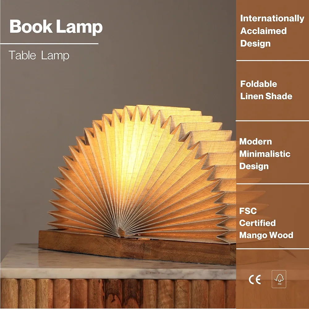 FIG Living Foldable Linen Book Table Lamp  | 24 x 19 cm Handcrafted Origami Design with Mango Wood Base | Ideal for Living Room, Bedroom, Study Room & Cafe | Night Lamp Home Decor Gifting Item