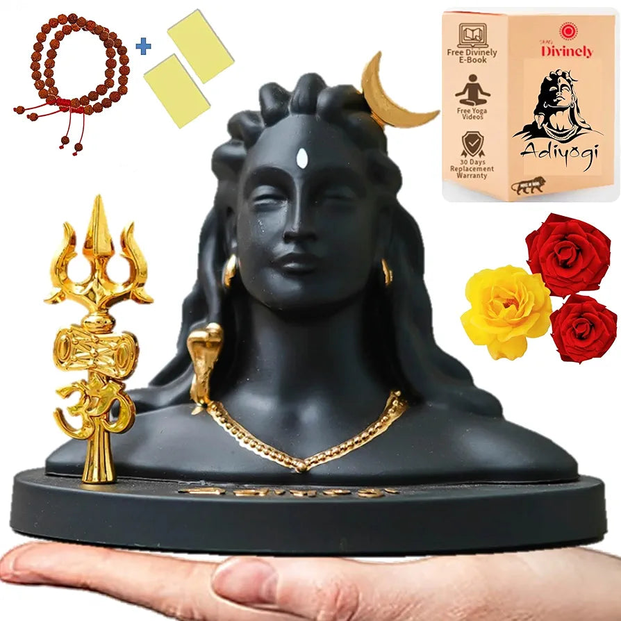 Divinely Adiyogi Idol 5.5 Inch | Handmade Shiva Figurine with Trishul & Rudraksha | Adiyogi Statue for Car Dashboard | Matte Black Decor Piece | Adiyogi Shiva Statue for Home & Meditation