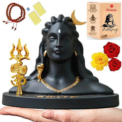 Divinely Adiyogi Idol 5.5 Inch | Handmade Shiva Figurine with Trishul & Rudraksha | Adiyogi Statue for Car Dashboard | Matte Black Decor Piece | Adiyogi Shiva Statue for Home & Meditation