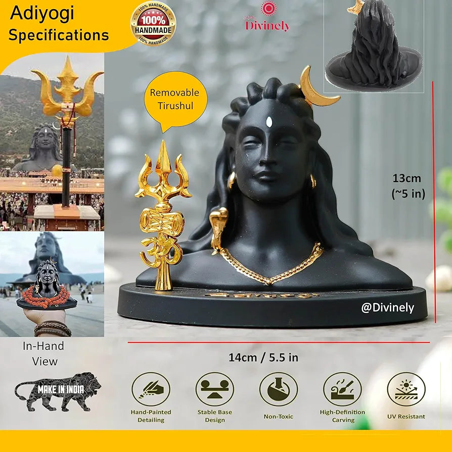 Divinely Adiyogi Idol 5.5 Inch | Handmade Shiva Figurine with Trishul & Rudraksha | Adiyogi Statue for Car Dashboard | Matte Black Decor Piece | Adiyogi Shiva Statue for Home & Meditation