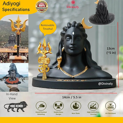 Divinely Adiyogi Idol 5.5 Inch | Handmade Shiva Figurine with Trishul & Rudraksha | Adiyogi Statue for Car Dashboard | Matte Black Decor Piece | Adiyogi Shiva Statue for Home & Meditation