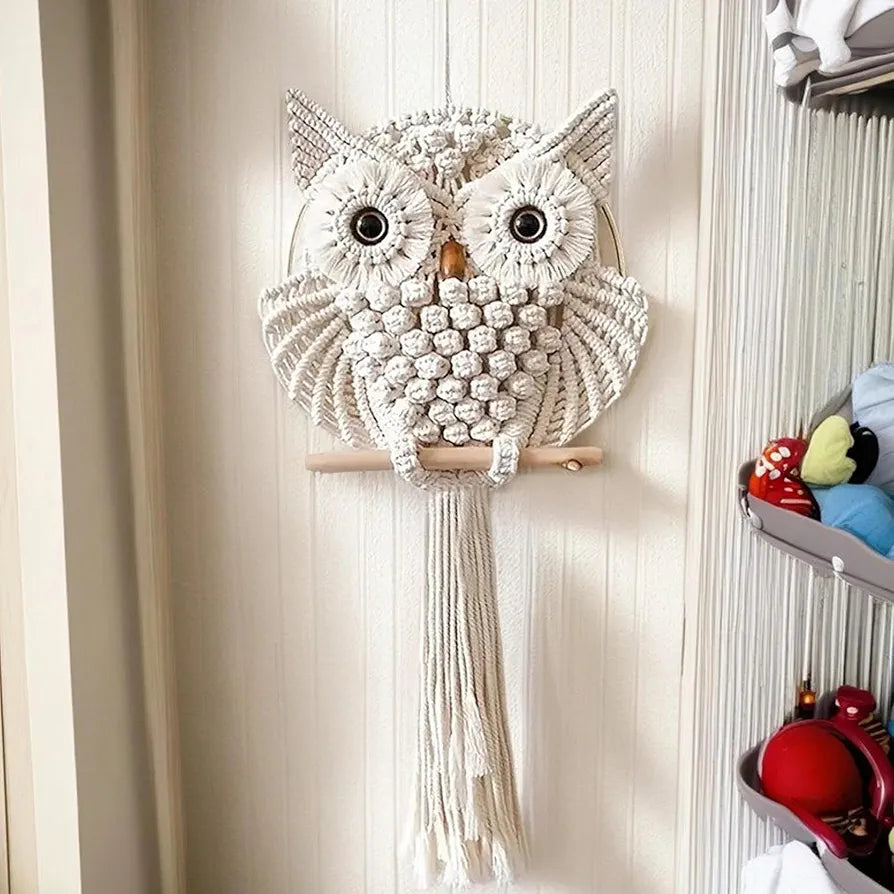 tms Handmade Macrame Owl Wall Hanging | Chic Home Décor with Natural Elements | Rustic Accent for Living Room, Bedroom, Office | 12"x23", Off-White-1 pcs