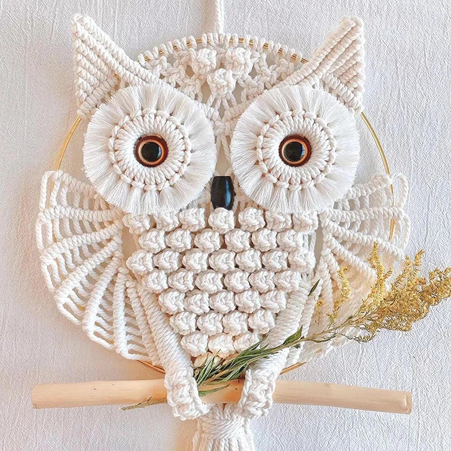 tms Handmade Macrame Owl Wall Hanging | Chic Home Décor with Natural Elements | Rustic Accent for Living Room, Bedroom, Office | 12"x23", Off-White-1 pcs